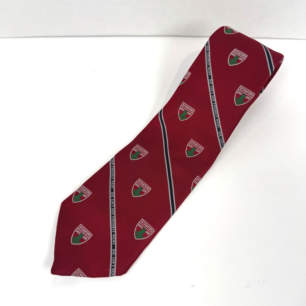 Stanford University Necktie Mens Red White Silk Crest Motto Stripe USA Preppy